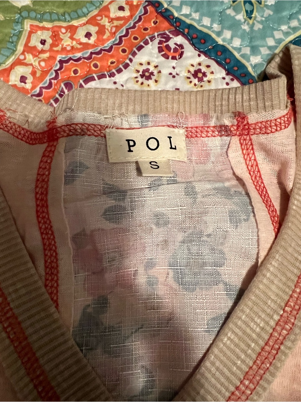 POL Patchwork V-Neck Top - Peach - Picture 2 of 3